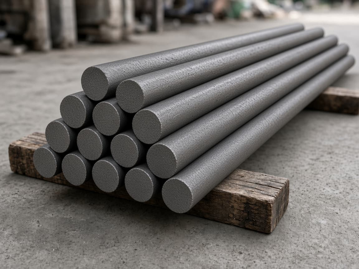 Dull grey cast iron round bar stacked on timber