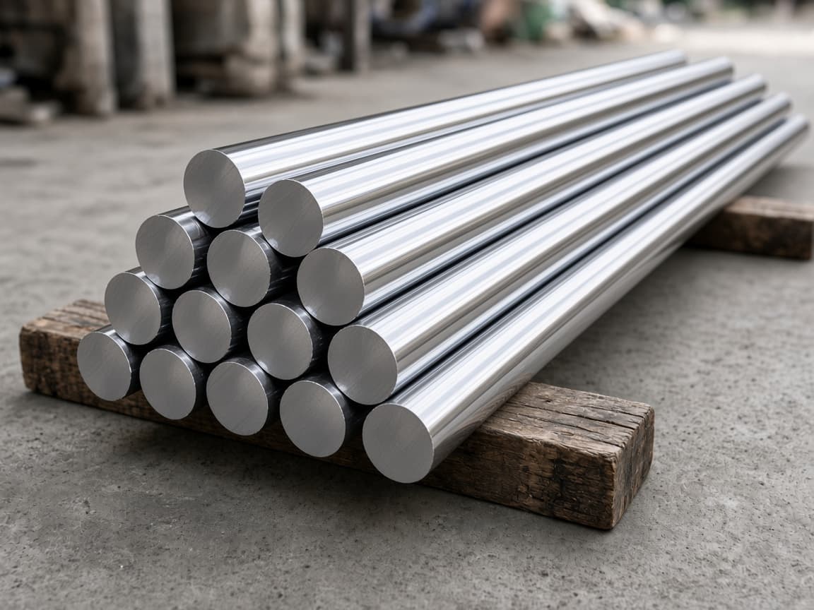 Mirror-chrome round bar stacked on timber bearers