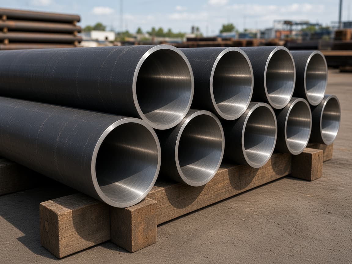 Black honed steel tube stacked on timber, smooth bores facing forward