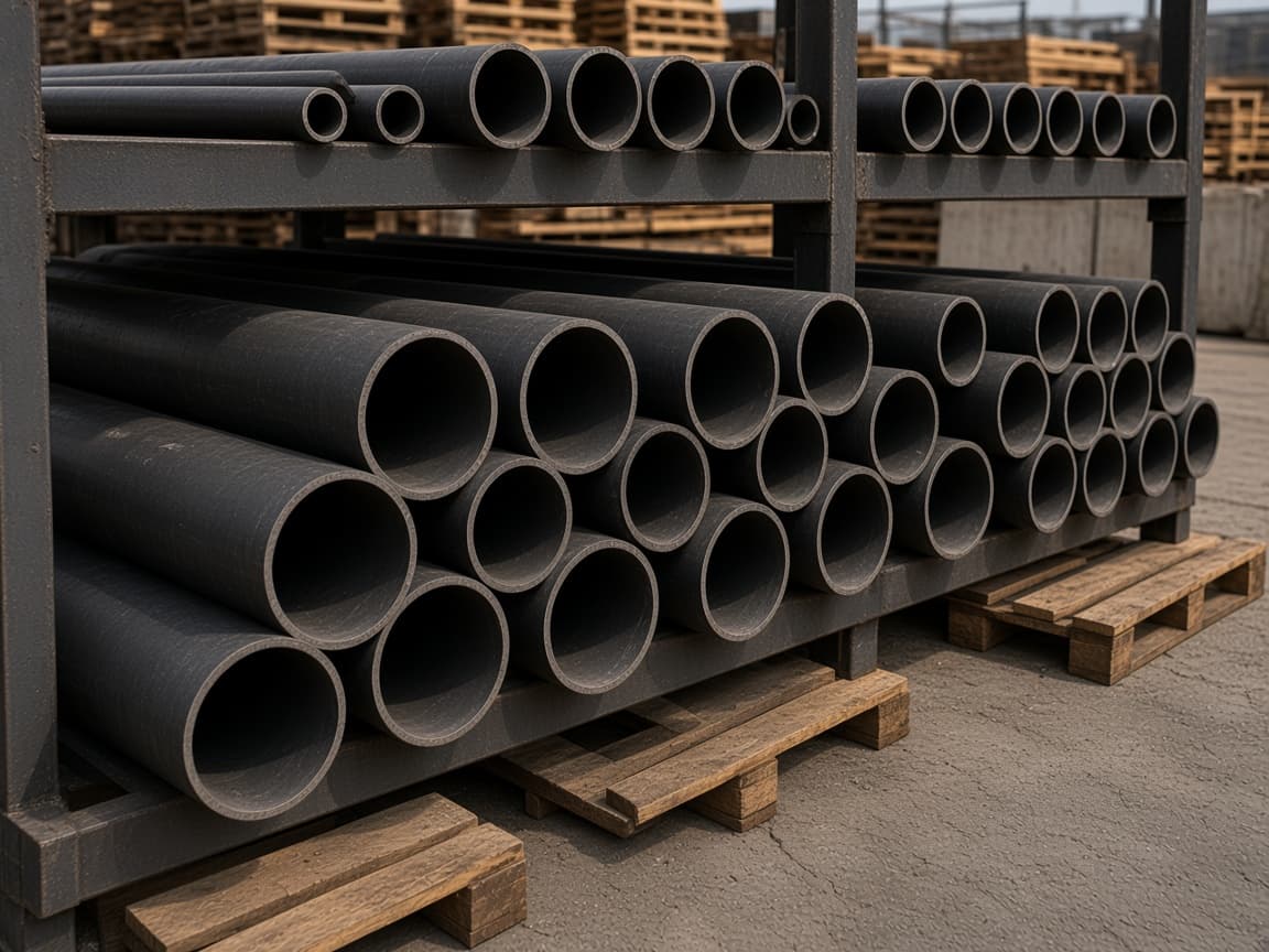 Black seamless hydraulic tube stored in a yard rack