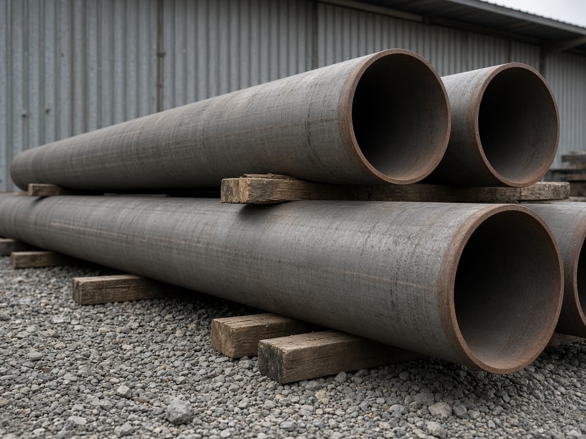 Large steel pipe lying on timber dunnage outside a shed