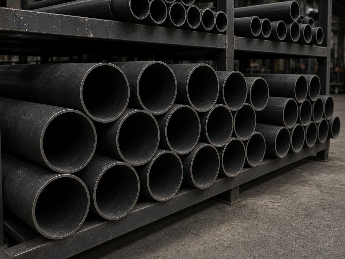 Black round hollow tube stored in a rack, cut ends facing forward